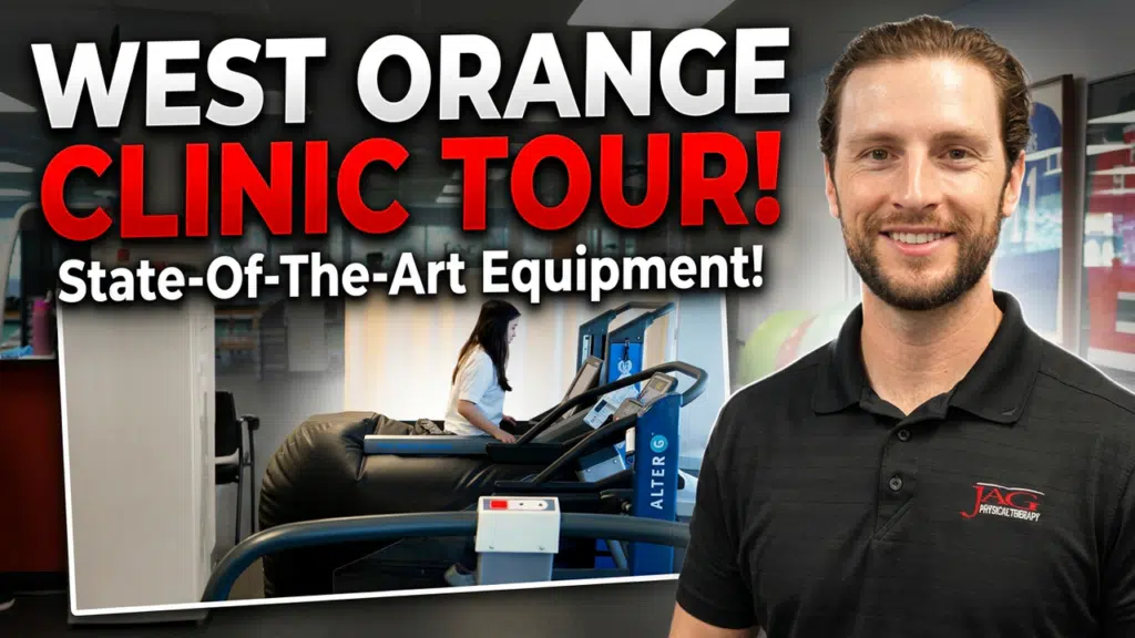 Physical Therapist smiling with text next to it that says West Orange Clinic Tour! State of the art equipment!