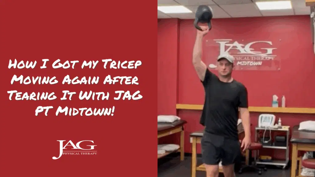 Man holding a kettlebell over his head to rehab his torn tricep.
