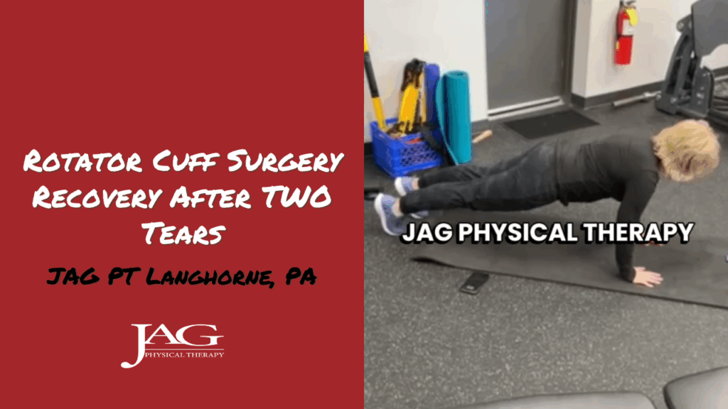 patient who is performing a plank exercise to help her recovery from torn rotator cuff surgery