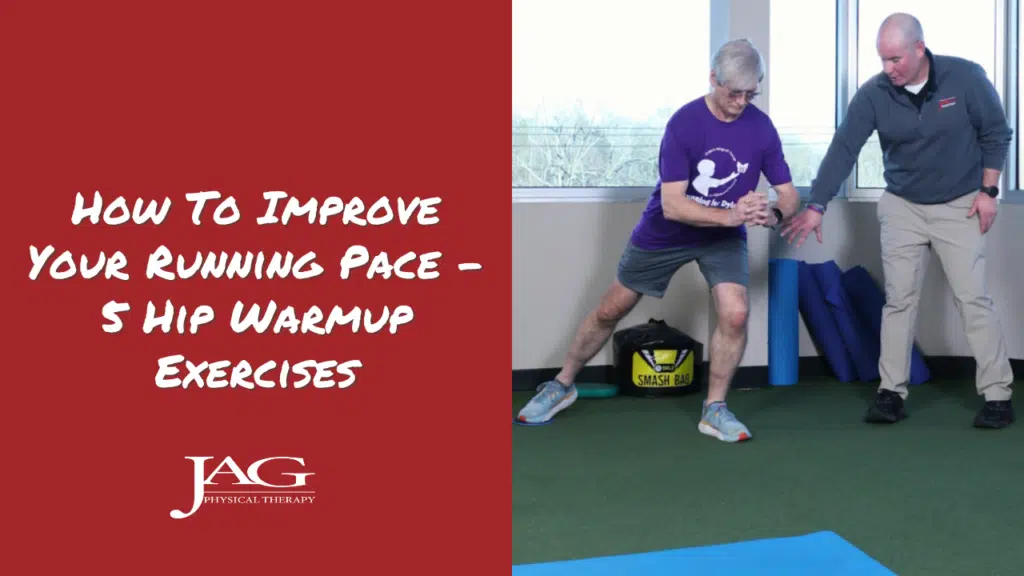 physical therapist helping a patient perform hip exercises to warm up before running and to help improve his running pace.