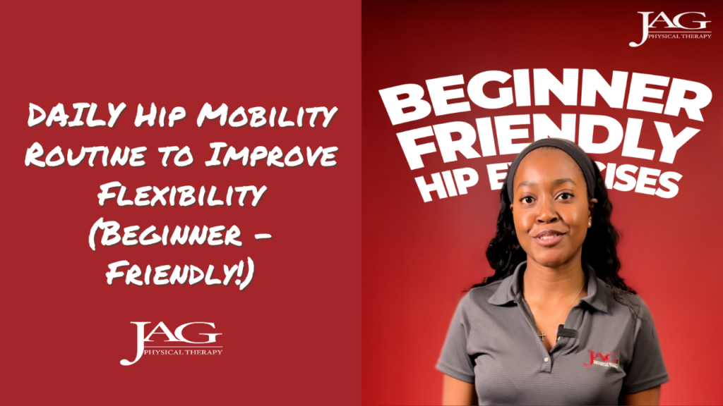 physical therapist with copy above her that reads: beginner friendly hip exercises and copy to the right of her that says: DAILY Hip Mobility Routine to Improve Flexibility (Beginner - Friendly!)