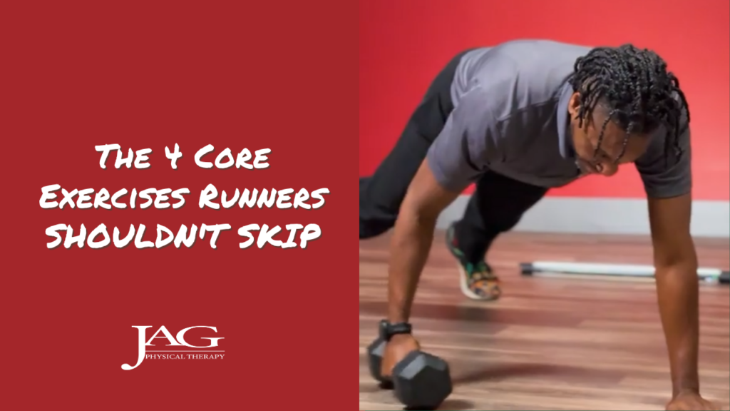 A picture of an athletic trainer performing a plank drag exercise with a dumbbell and copy on the right that says: The 4 Core Exercises Runners Shouldn't Skip