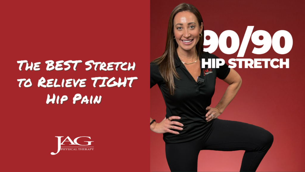 Physical therapist lifting her leg to show the 90/90 hip stretch with copy to the left of her that says: The BEST Stretch to Relieve TIGHT Hip Pain