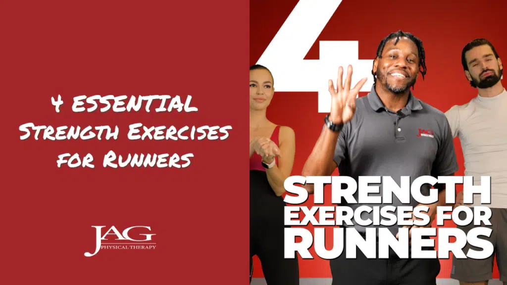 physical therapists with runners behind him and text underneath him that says: 4 strength exercises for runners