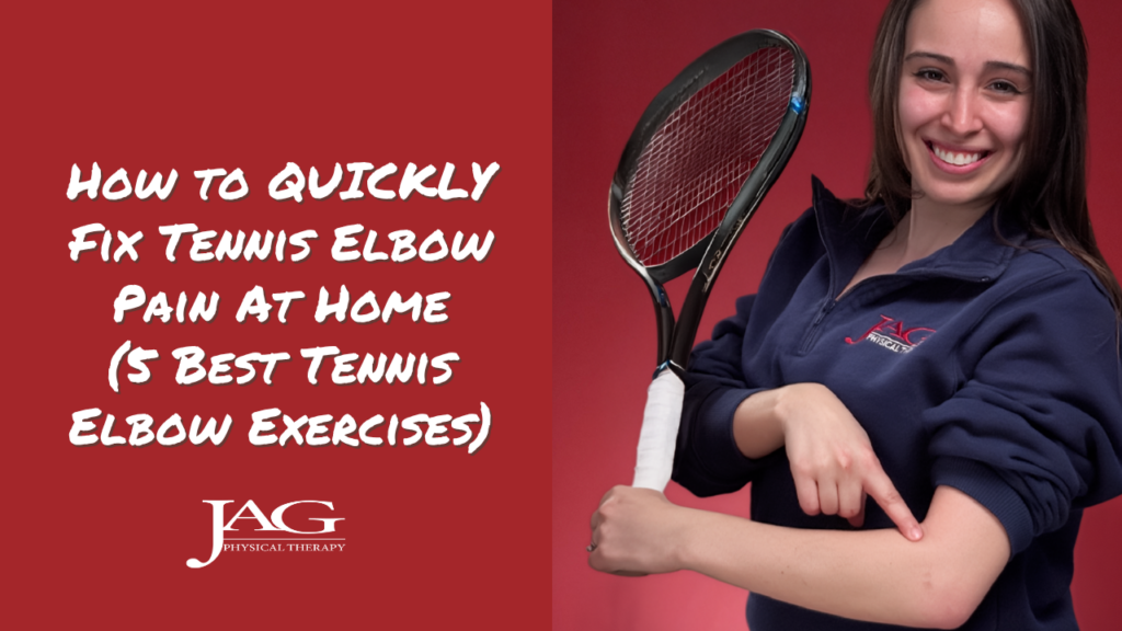 physical therapist pointing to her elbow and holding a tennis racket with text next to her saying: How to Quickly Fix Tennis Elbow at Home (5 Best Tennis Elbow Exercises)