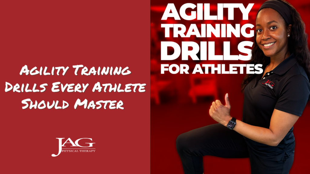 PT, DPT Imani Coleman point to white text that says: Agility Training Drills For Athletes and text to the left of her saying: Agility training drills every athlete should master