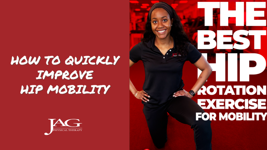 PT,DPT Imani Coleman bending on one knee with white text on her left saying How to Quickly Improve Hip Mobility and white text on her right saying the best hip rotation exercises for mobility