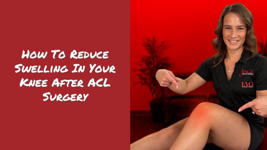 Physical therapist pointing to her swollen knee with copy to the right of her saying: how to reduce swelling in your knee after ACL surgery