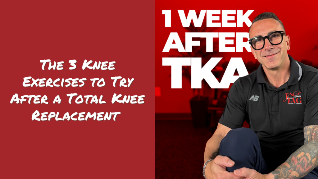 Physical therapist holding his knee smiling with copy to the left of him saying: The 3 Knee Exercises to Try After a Total Knee Replacement