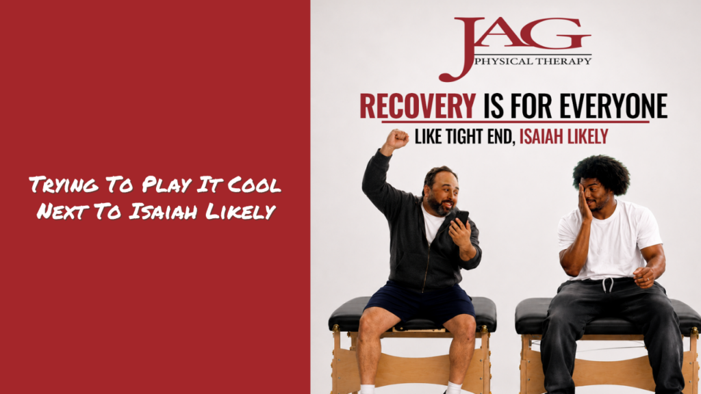 Image split into two frames. On the left behind a red background is copy that says says: Trying to play it cool next to Isaiah Likely; on the right, it says: Recovery is for everyone, like tight end, Isaiah Likely.